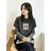 Camiseta Listrada de Manga Longa com Fleece Alemão Espesso Falsa Duas Peças para Mulheres Camada Base Estilo para Ir ao Trabalho Versão Coreana Top Versátil Outono Mais Vendido