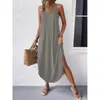 Roupas femininas transfronteiriças europeias e americanas, vestido longo solto de cor sólida, vestido regata com decote em V, vestido de alça, novo modelo 2026