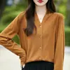 Cárdigan fino de lana para mujer de principios de otoño, cuello en V, protector de cuello, suéter de punto de manga larga, corte holgado, color liso, top exterior versátil