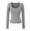 Top Sexy para Chica Popular con Cuello en U Profundo y Mangas Largas Otoño Temprano Nuevo Alta Elasticidad Hombro Derecho Camiseta Estiliza la Figura Cintura Camiseta Básica