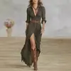 Vestido Largo Elegante de Manga Larga para Mujer Estilo Europeo y Americano 2026 Nuevo Retro Francés Cuello en V Cintura Ceñida Plisado Holgado Abertura