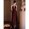 Vestido de Brinde com Lantejoulas para Noiva vinho tinto Banquete de Noivado Elegante Longo com Decote Pescoço Caído Cauda de Peixe de Indústria Pesada Vestido de Noite para Mulheres