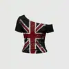 Camiseta Crop Top Sexi de Hombros Descubiertos de Manga Corta Estilo Retro Americano con Bandera Union Jack y Estampado Vintage, Corte Ajustado, Y2K