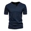 Camiseta para Hombre Amazon Transfronteriza Camisa Henry Estilo Europeo y Americano Ajustada Botones Cuello Redondo Color Sólido Casual Deportivo Manga Corta