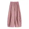 Toma real: Pantalones de cuadros rosas con dobladillo curvo para mujer, nueva moda de verano 2026, tiro alto, corte relajado, pantalones largos casuales adelgazantes