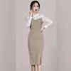Coleção de primavera 2026 transfronteiriça: estilo coreano, gola de camisa OL elegante, corte justo, vestido midi colado ao corpo
