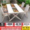 Mesas y Sillas Nórdicas de Exterior Mojia, Aleación de Aluminio con Acabado de Madera, Mesas con Parrilla Eléctrica y de Carbón, Mesas y Sillas para Barbacoa de Exterior en Patio para Uso Doméstico