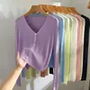 Cárdigan de Punto para Mujer en Primavera y Verano de Manga Larga Fino Cuello en V Camisa para Aire Acondicionado Corto Ajustado Abrigo