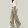 Pantalones Casuales Holgados de Pierna Ancha Color Caqui Perezoso para Mujer Nuevo Diseño con Pliegues Sueltos de Cintura Alta Versátiles