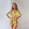 Falda corta sexy de malla hueca con mangas largas y rayas de estilo europeo y americano con borde cruzado