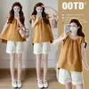 Top de algodón estilo coreano de verano en stock, versátil, adelgazante, para mujeres embarazadas + Conjunto de pantalones cortos con cordón ajustable para mujeres embarazadas