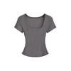 Camiseta básica de manga corta con cuello en U, estilo americano, sexy, estilo puro, elástica, ajustada, con cintura ajustada, estilo Spice Girl.