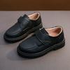 Sapatos de couro para meninos, sola macia, primavera e outono, preto, estilo britânico, sapatos infantis, sapatos de camada única, sapatos infantis para alunos do ensino fundamental e médio