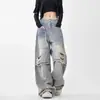 Jeans de mezclilla retro lavados y desgastados para mujer, otoño 2026, pantalones casuales rectos holgados de pierna ancha en línea A