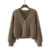 2026 Suéter de Punto Trenzado Versátil de Cuello en V Estilo Simple para Mujer, Cardigan de Punto Grueso Estilo Perezoso para Otoño e Invierno, Abrigo Corto Superior