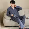 Pijama masculino casual estilo coreano, puro algodão, camisa cardigã de manga longa com gola simples, conjunto de loungewear 100% algodão para outono e inverno