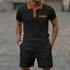 Amazon AliExpress Transfronterizo Ropa de Hombre Tejido Waffle Solapa Bloque de Color Manga Corta Pantalones Cortos Conjunto Maduro Casual