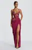 Vestido Largo con Caída para Banquetes y Fiestas, Estilo Europeo y Americano, Cuello Halter, Encaje, Cintura Ceñida Transparente, Color Sólido con Abertura