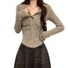 Suéter estilo retro puro deseo con solapa plisada en la cintura para mujer, principios de otoño, adelgazante, versátil, manga larga, corte ajustado