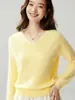Suéter de cachemira 100% cepillada con cuello en V para mujer, corte holgado, color liso, cachemira suave cepillada, top base sin costuras para otoño e invierno
