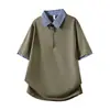 Camisa Polo Patchwork Xadrez Falsa de Duas Peças Masculina Cool Casual Manga Curta Verão Estilo College Camisa com Gola Reversível