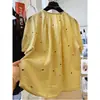 Camisa Redonda de Manga Corta con Bordado Pesado Estilo Coreano de Corazón Pequeño para Mujer, Blusa Elegante de Verano, Top Delgado de Algodón y Lino Súper Estiloso