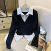 Fotos reais: Nova coleção outono/primavera, blusa de manga comprida estilo executivo com design de duas peças falsas e gola contrastante, estilo coreano