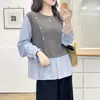 Moda Feminina Tamanho Plus Especial Outono Inicial Patchwork Elegante Falso Duas Peças Blusa 100kg Moletom Casual 0957