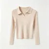 Nuevo jersey de punto corto elegante para mujer de otoño e invierno con cuello camisero, cuello semiabierto, mangas largas, corte ajustado, suéter interior de moda