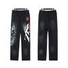 Serie H-Start Pantalones Casuales de Pierna Ancha Sueltos con Estampado de Retrato Vintage Lavado Retro Europeo y Americano con Cordón