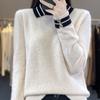 Nova Malha de Lã com Gola Polo Moda Feminina Pulôver de Manga Comprida Malha Lapela Caxemira Malha Solta Top