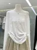 Camiseta Sexy de Manga Larga con Hombro Descubierto y Estampado de Letras de Espuma Estilo Perezoso Puro Deseo para Mujer, Cubierta Delgada Casual para Proteger del Sol de Primavera y Verano