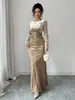 Vestido Largo de Terciopelo Elegante Vintage para Otoño e Invierno con Decoración de Perlas en la Cintura Ajustado de Manga Larga Adecuado para Citas