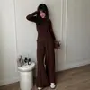 Conjunto de Tricô Minimalista Estilo Ins para Mulheres, Outono 2026 Conjunto de Duas Peças com Camiseta Top de Cor Sólida com Fita e Calça Longa com Senso de Design