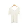 Camiseta Base Versátil de Uso Diario Casual Warren Hailong Leah Tejido de Lana y Seda con Cuello en V de Manga Corta para Mujer