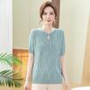 Camiseta de manga corta con cuello alto y hebilla para mujer, de moda, de primavera y otoño, holgada, de punto fino y talla grande.
