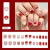 Conejo de fresa suave y lindo, cereza en forma de corazón, manicura girly estilo francés color leche claro, uñas desmontables y ponibles, 24 piezas