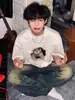 Camiseta de Manga Corta con Estampado de Gato de Diseño de Marca de Moda para Hombre, Verano Hip-Hop Holgada Talla Grande Algodón Puro Pareja Top de Media Manga