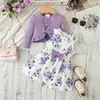 Conjunto de outono para bebê menina: bolero de tricô roxo com borda de madeira nas orelhas + vestido sem mangas com estampa floral e laço + duas peças Classe A