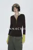 Top base de manga larga con diseño vanguardista, patchwork de colores contrastantes, estilo dos piezas falsas para mujer, primavera/otoño, cuello Henley, corte ajustado, para el trabajo, versátil