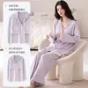 En stock, listo para enviar (con copas) pijama de algodón de manga larga y pantalón largo para mujer, conjunto de dos piezas tipo cárdigan, ropa de casa para mujer para transmisiones en vivo