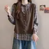 Camisa xadrez patchwork retrô duas peças plus size para mulheres, novo top soltinho de manga longa para o outono de 2026