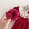Macacão de Bebê Outono e Inverno Veludo Engrossado Menina Vermelho Estilo Chinês Vestido de Um Ano Roupas de Ano Novo