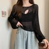 Tejido de punto calado para mujer Primavera nuevo abrigo diseño blusa nicho rasgado holgado manga larga top corto para mujer