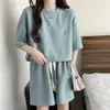 Foto Real de Conjunto Esportivo Duas Peças de Verão com Shorts de Manga Curta, Estilo Ins, Soltinho, Bordado Estilo Hong Kong, Casual Americano para Mulheres, Transfronteiriço