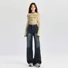 Calça jeans feminina azul-acinzentada de perna larga, nova coleção primavera/verão 2025, cintura alta, modelagem solta, afina a silhueta, perna reta, comprimento até o chão para baixinhas