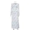 Vestido acetinado de alta qualidade estilo francês para mulheres, nova coleção 2026, decote V moderno, mangas compridas, cintura alta, elegante vestido maxi com estampa floral