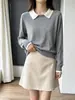 Tricô de gola pequena bicolor para mulheres, manga longa, fino, adequado para o trabalho, gola polo, blusa básica, top estiloso para o verão H072801