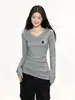 Camiseta de manga larga cálida con cuello en V y hombros caídos para mujer, nuevo estilo otoño e invierno, casual, versátil, ajustada, top que realza la figura, capa base
