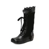 Fornecimento AliExpress: Botas Femininas de Cano Alto com Cadarço, Bico Redondo, Renda Patchwork para Outono e Inverno, Tamanhos Grandes 15-10